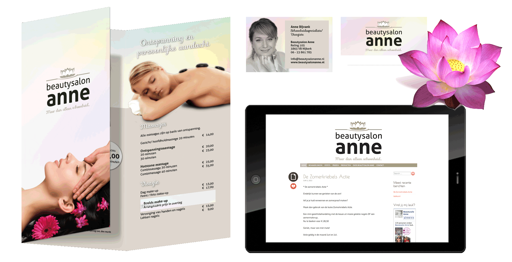 Voor Beautysalon Anne ontwierp OP3N een folder, hieruit vloeide ook de website en huisstijl.
