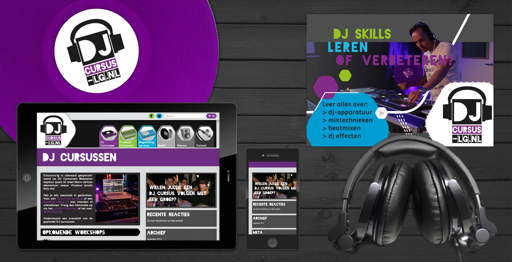 Voor DJ Cursus-LG ontwierp OP3N een passende en spannende technische huisstijl inclusief website.